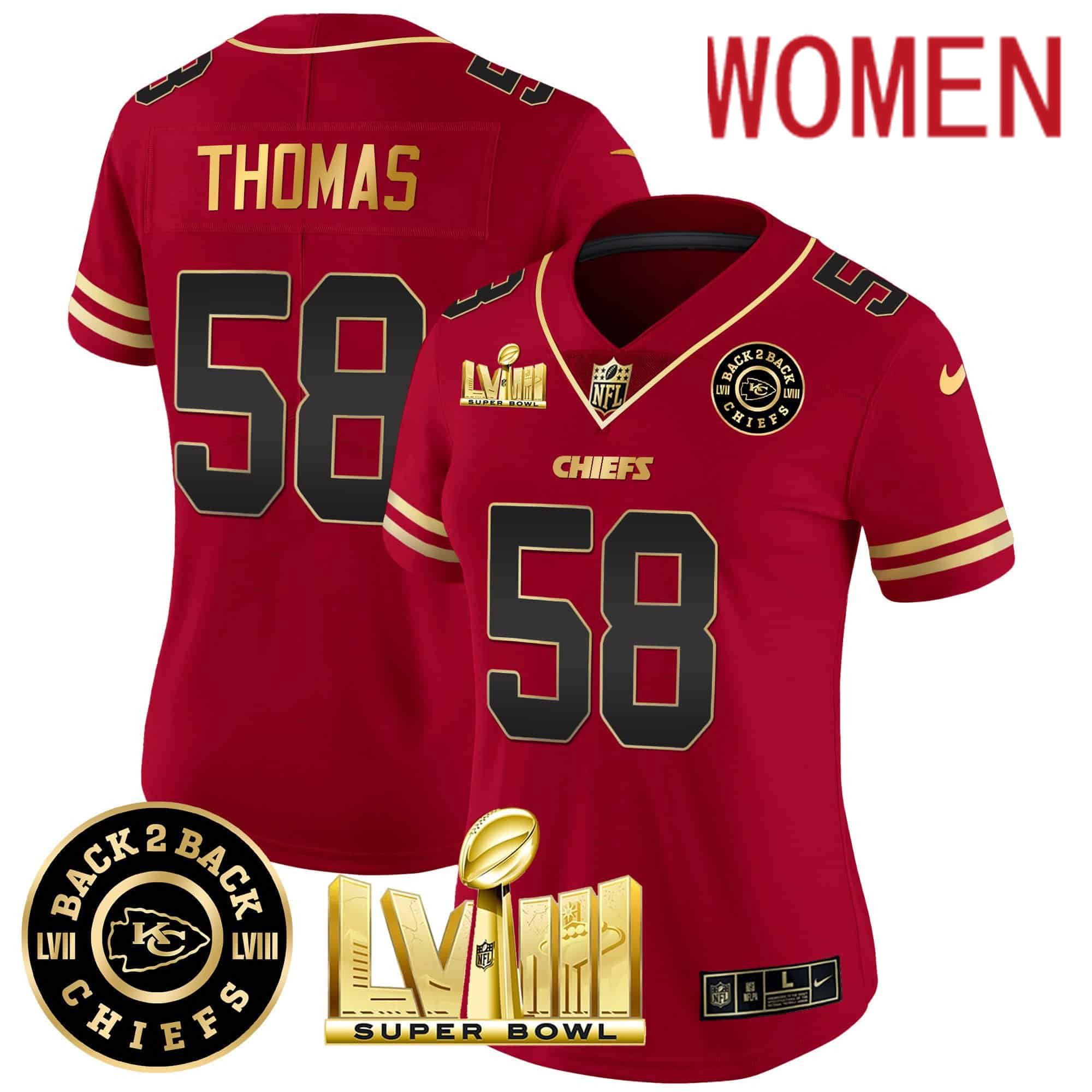 Women Kansas City Chiefs #58 Thomas Red 2024 Nike Super Bowl LVIII & Back-2-Back Patch Vapor NFL Jersey style 1